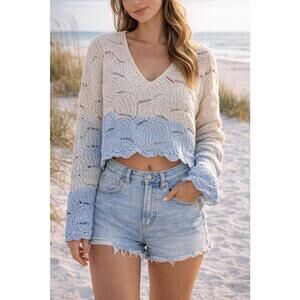 Mi Ami Francesca’s Crochet Knit Sweater Blue Cream Cropped Boho Coastal Beach XL